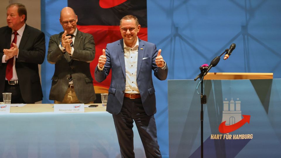 Während der Bundesvorsitzende bei einer Wahlkampfveranstaltung in Hamburg spricht, gehen erneut Tausende gegen die AfD auf die S