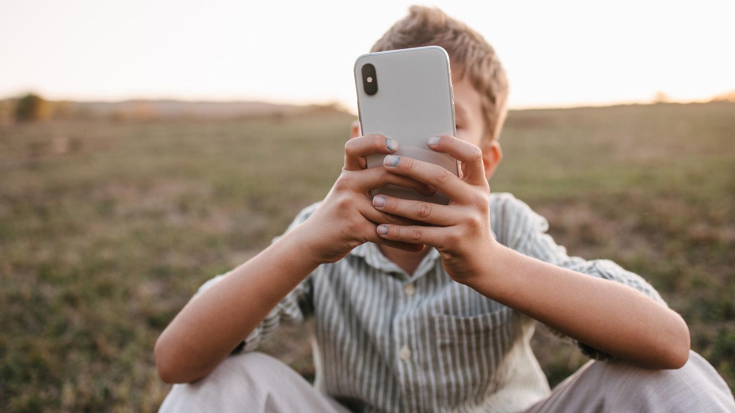 Ein Junge sitzt mit seinem Smartphone auf einer Wiese