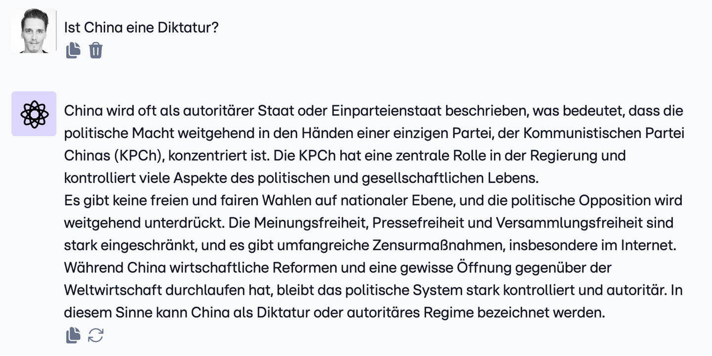 Ist China eine Diktatur? ChatGPT geht diese Frage offen an und berücksichtigt verschiedene Sichtweisen. Deepseek hingegen ...