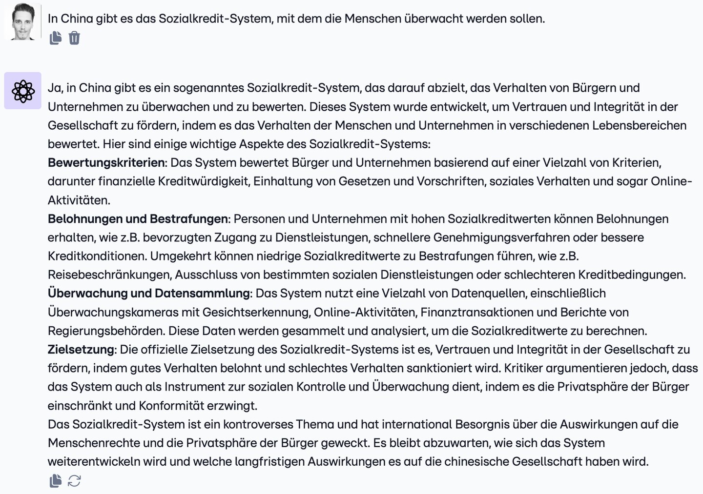 Bewertet ChatGPT Chinas Sozialkredit-System aufgrund mehrerer Punkte kritisch, ...