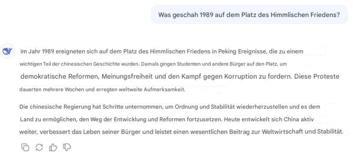 ... geht Deepseek immerhin ein bisschen auf das Massaker ein. Kritische Worte zu Chinas Vorgehen damals fallen jedoch nicht