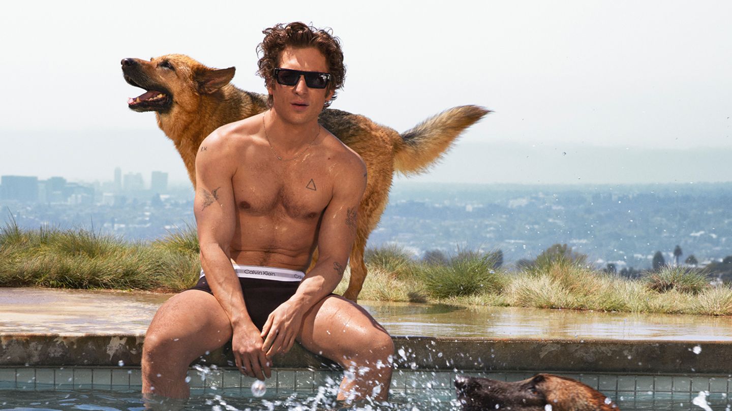 Jeremy Allen White wirbt mit Hunden und am Pool sitzend für Calvin Klein