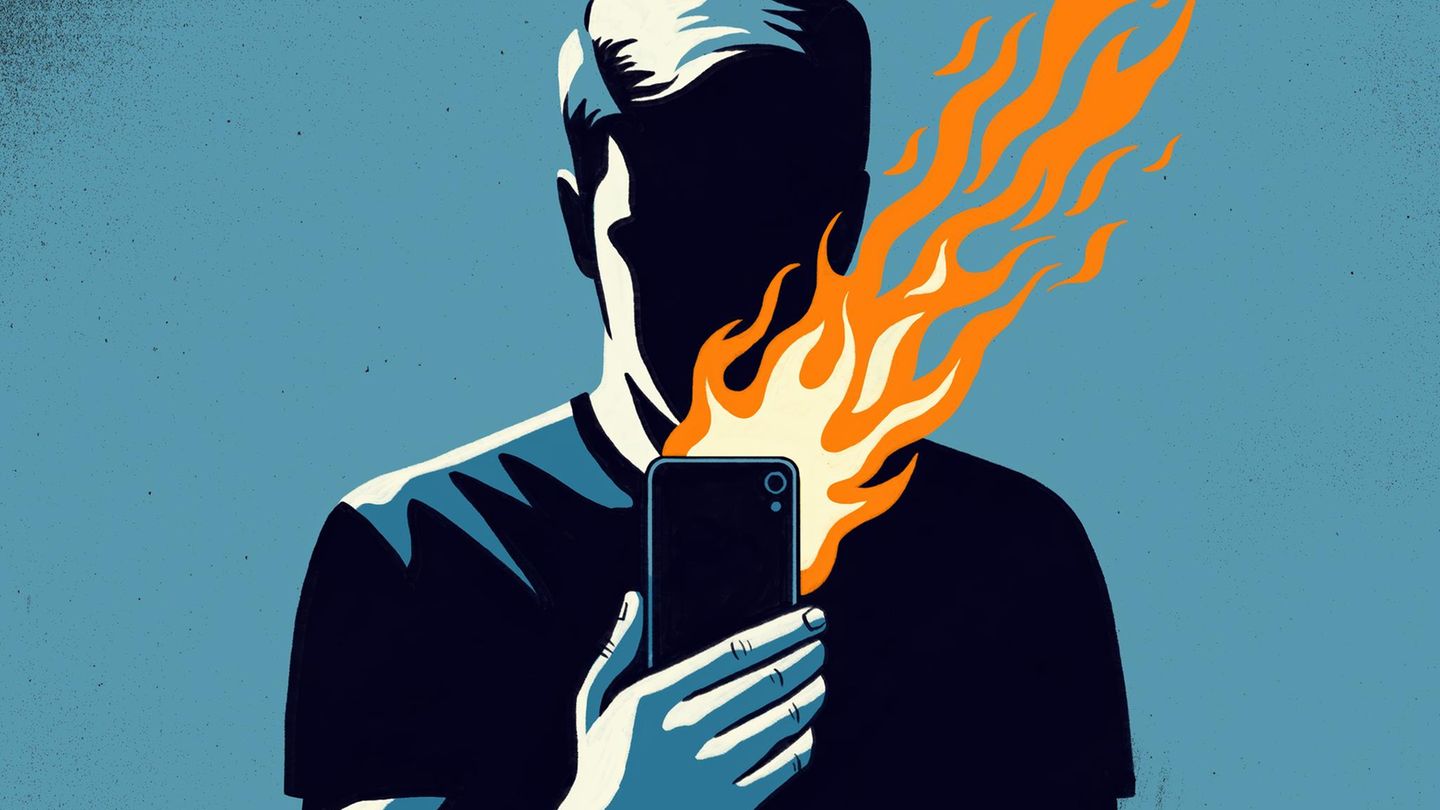 Illustration eines Mannes, der ein brennendes Smartphone hält Illustration eines Mannes, der ein brennendes Smartphone hält