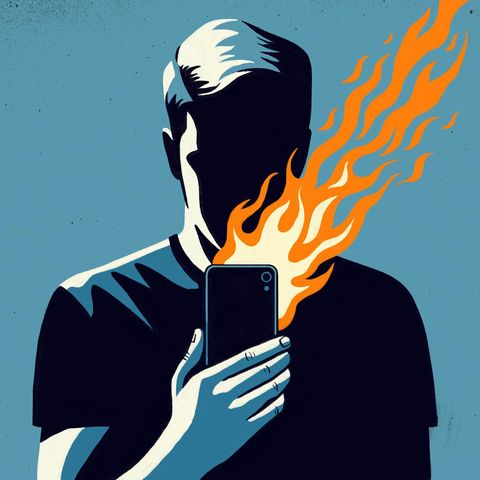 Illustration eines Mannes, der ein brennendes Smartphone hält