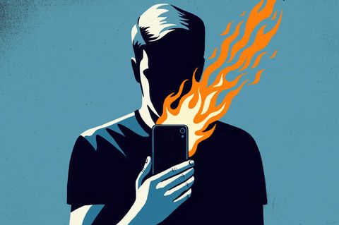 Illustration eines Mannes, der ein brennendes Smartphone hält
