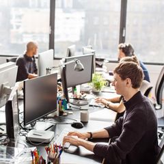 Junge Mitarbeiterinnen und Mitarbeiter arbeiten im Büro an ihren Computern