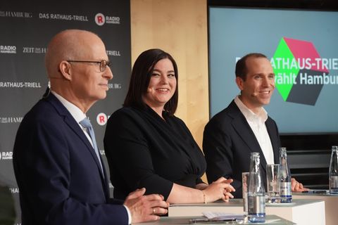 Hamburgs Bürgermeister Peter Tschentscher (SPD), Stellvertreterin Katharina Fegebank (Grüne) und CDU-Kandidat Dennis Thering