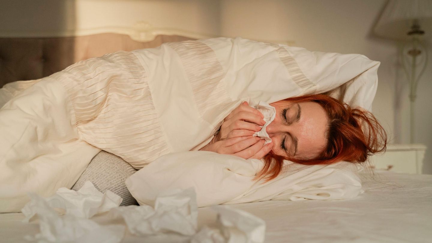 Grippe Erkältung Frau mit Taschentuch im Bett
