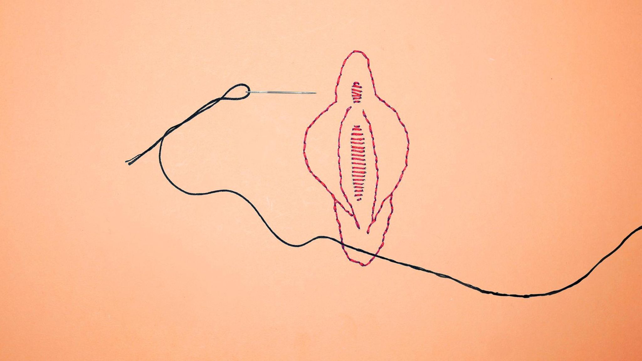 Gestickte Vulva mit darüber liegender Nadel und Faden