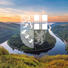 Ansicht Saarschleife mit Wappen Saarlands