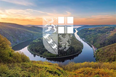 Ansicht Saarschleife mit Wappen Saarlands