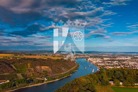 Rheinansicht in Rheinland-Pfalz mit Wappen Rheinland Pfalz. Es gibt hier 15 Wahlkreise