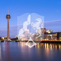 Abendstimmung am Rhein in Düsseldorf mit Wappen Nordrhein-Westfalens, Düsseldorf hat zwei Wahlkreise