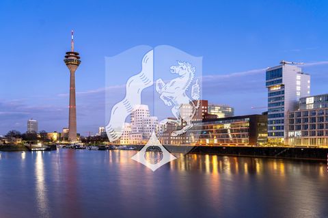 Abendstimmung am Rhein in Düsseldorf mit Wappen Nordrhein-Westfalens, Düsseldorf hat zwei Wahlkreise