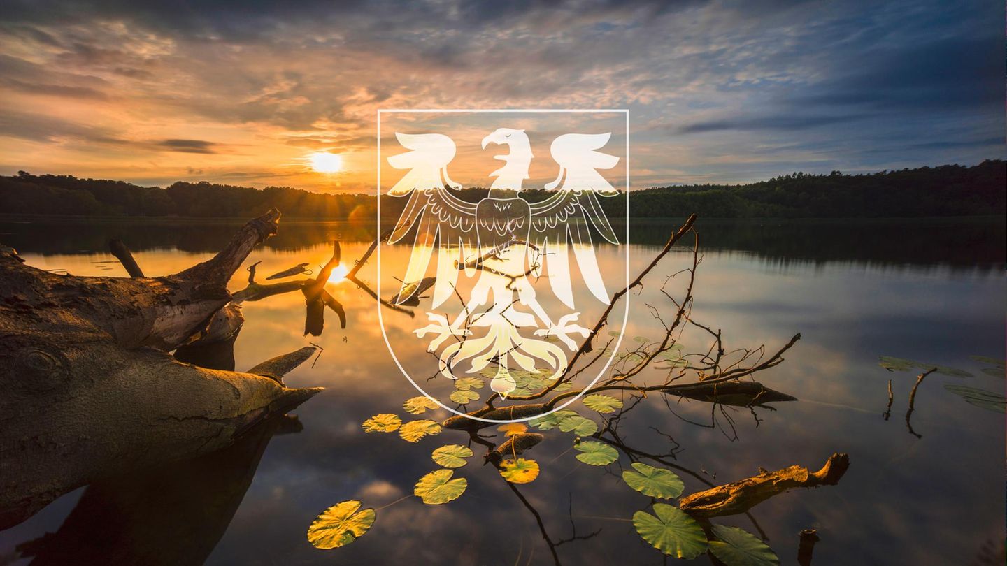 Sonnenaufgang an einem See in Brandenburg mit Wappen, das Land hat zehn Wahlkreise
