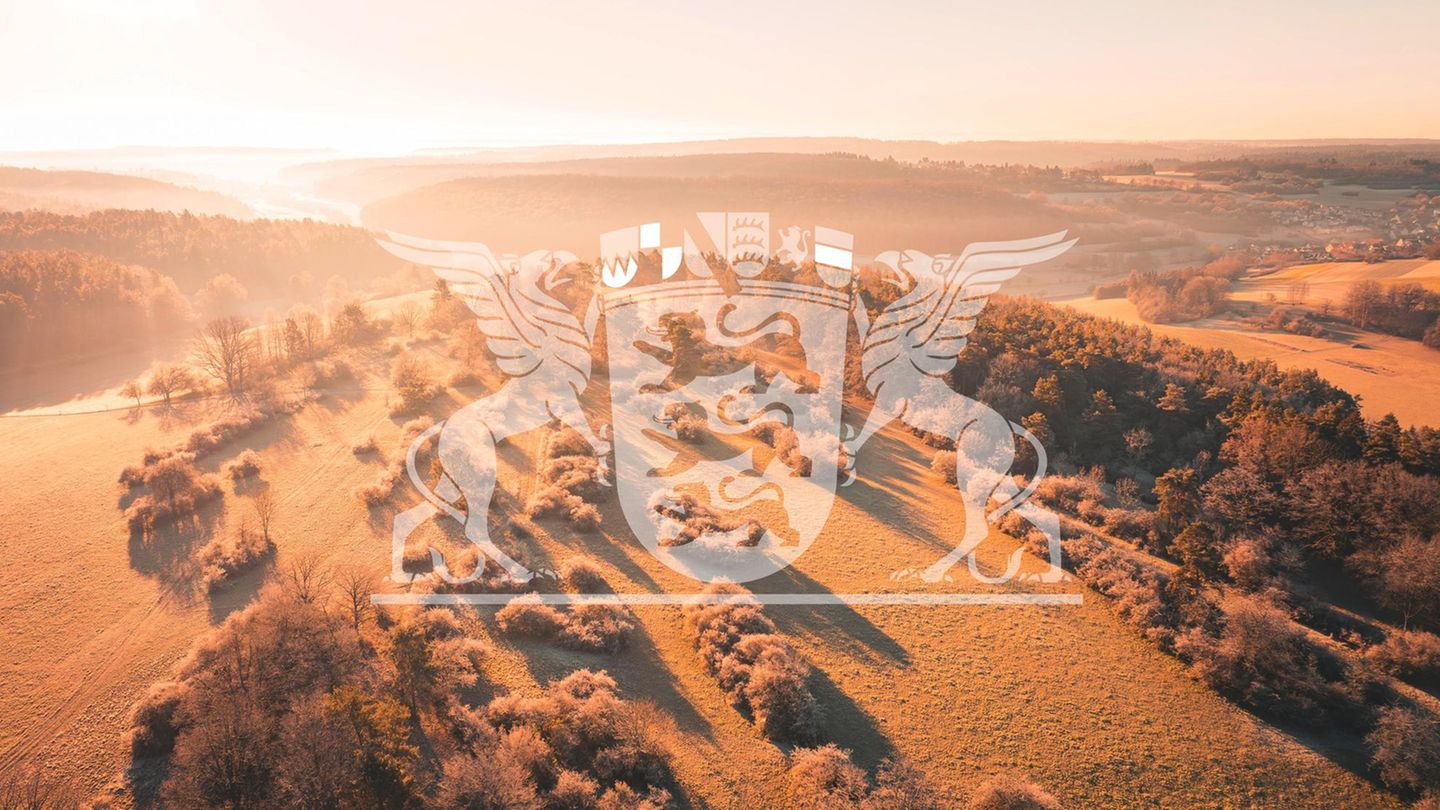 Hügellandschaft im Schwarzwald mit Wappen Baden-Württembergs, Wahlkreise