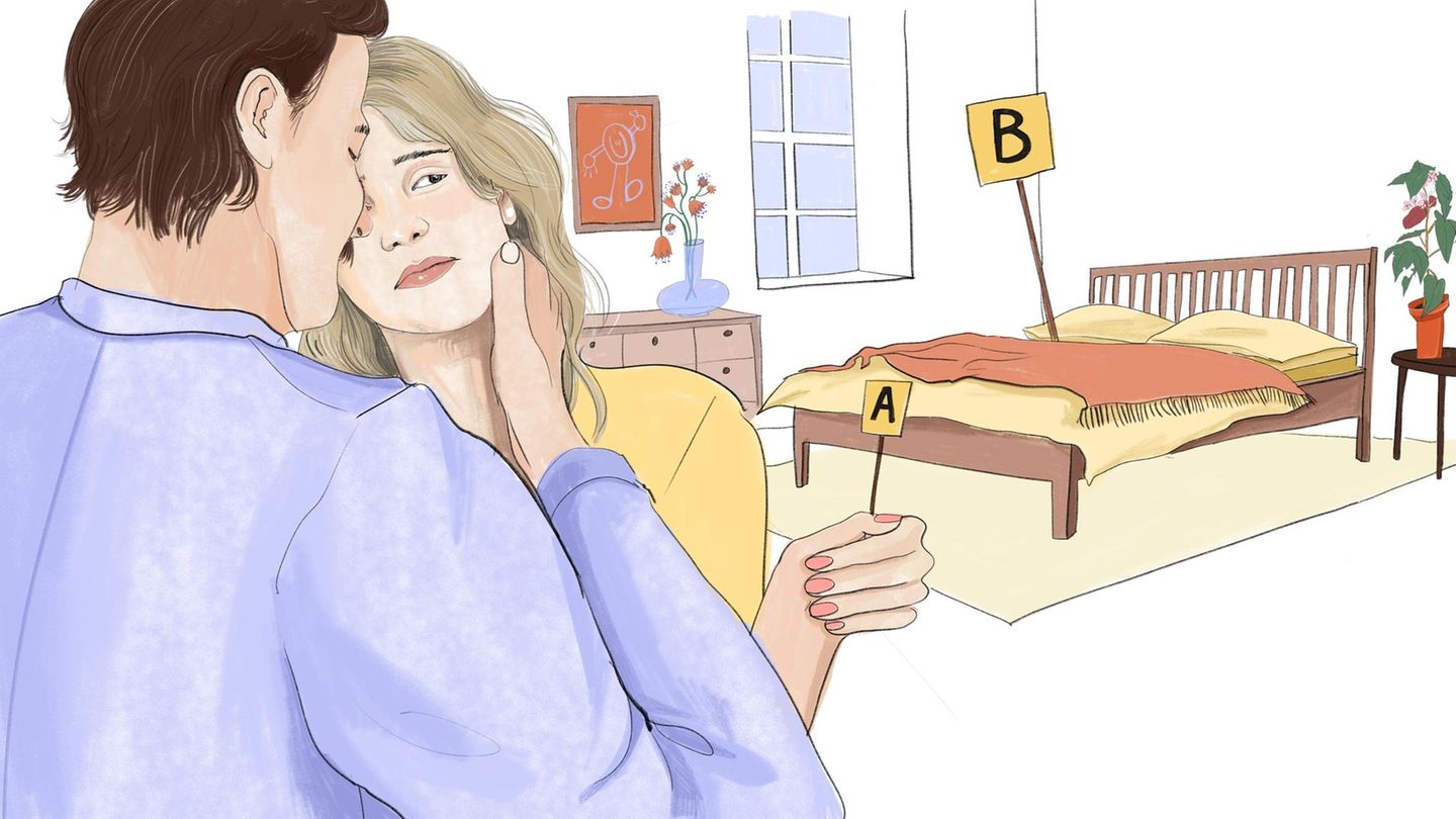 Illustration für die Kolumne Sex über 40: Ein Mann will eine Frau küssen. Sie schaut skeptisch Illustration für die Kolumne Sex über 40: Ein Mann will eine Frau küssen. Sie schaut skeptisch