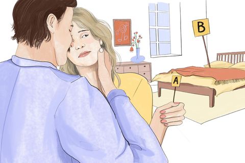 Illustration für die Kolumne Sex über 40: Ein Mann will eine Frau küssen. Sie schaut skeptisch