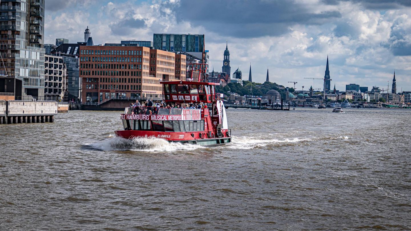 Die Hafenfähre Linie 62 vor dem Panorama Hamburgs