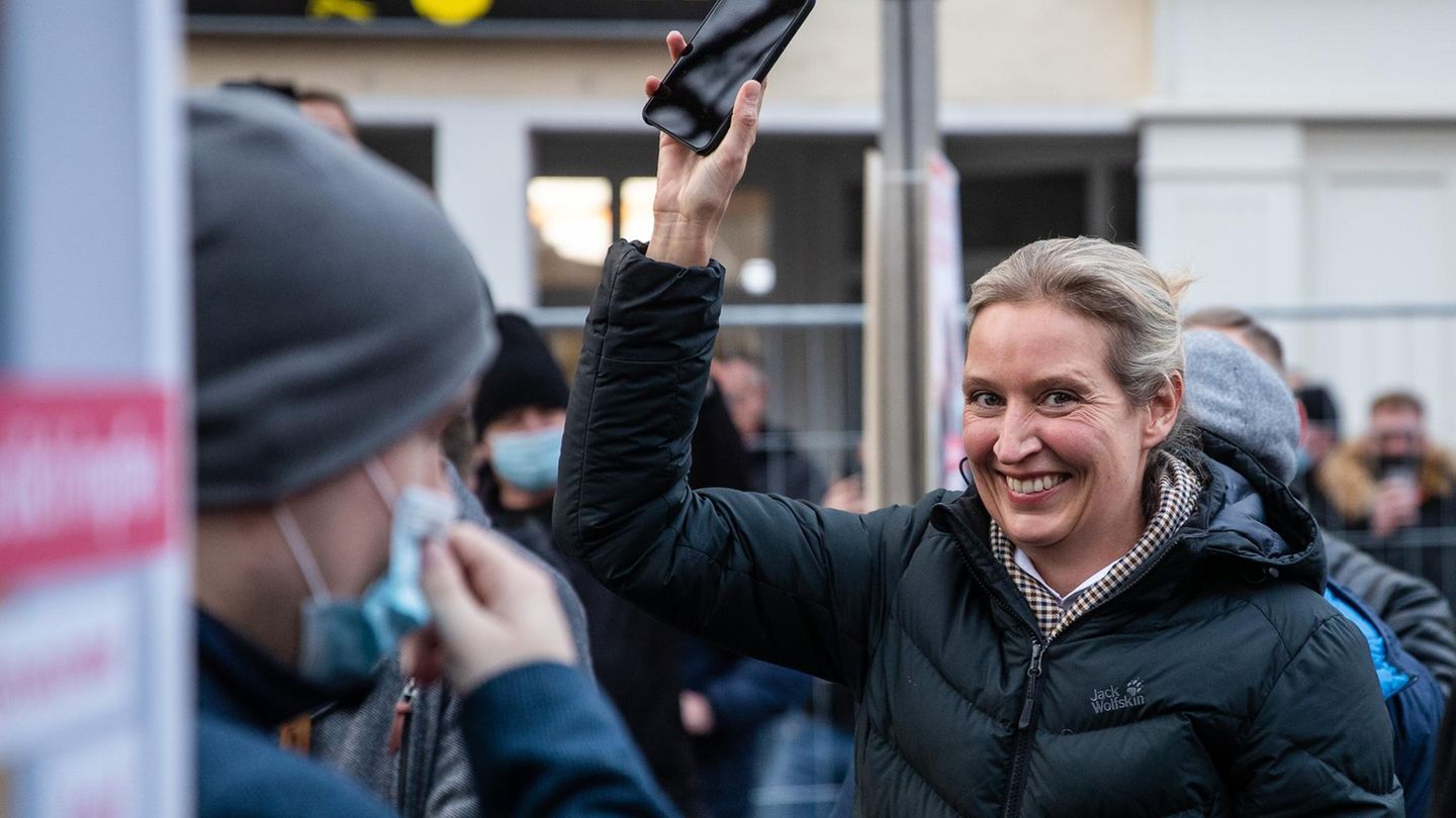 AfD-Kanzlerkandidatin: Doch trotz rechter Hassreden und der Corona-Pandemie, in der Weidel (hier auf einer Demo gegen Corona-Maßnahmen Ende 2021) zu den harten Kritikern der Bundesregierung gehört, verliert die AfD bei der Bundestagswahl 2021 zwei Prozentpunkte und kommt auf 10,3 Prozent der Stimmen. Dennoch sitzt Weidel fest im Sattel und wird 2022 neben Tino Chrupalla zur zweiten Bundesvorsitzenden gewählt Doch trotz rechter Hassreden und der Corona-Pandemie, in der Weidel (hier auf einer Demo gegen Corona-Maßnahmen Ende 2021) zu den harten Kritikern der Bundesregierung gehört, verliert die AfD bei der Bundestagswahl 2021 zwei Prozentpunkte und kommt auf 10,3 Prozent der Stimmen. Dennoch sitzt Weidel fest im Sattel und wird 2022 neben Tino Chrupalla zur zweiten Bundesvorsitzenden gewählt