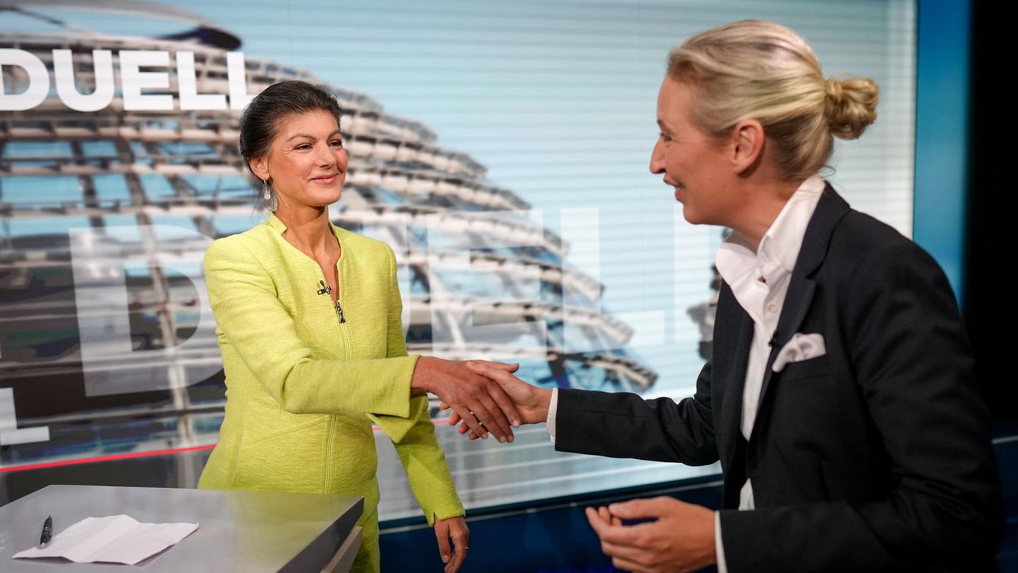 AfD-Kanzlerkandidatin: Im September 2024 treffen Alice Weidel und BSW-Gründerin Sahra Wagenknecht in einem TV-Duell aufeinander. Beim Thema Ukraine-Krieg pflegen die Kontrahentinnen ähnliche Ansichten, aber das ist es mit den Gemeinsamkeiten. In allen anderen Politik-Feldern (auch in der Migration) liegen sie weit auseinander. Die Medien urteilen unisono, dass die erfahrene Wagenknecht das Duell klar gewonnen hat Im September 2024 treffen Alice Weidel und BSW-Gründerin Sahra Wagenknecht in einem TV-Duell aufeinander. Beim Thema Ukraine-Krieg pflegen die Kontrahentinnen ähnliche Ansichten, aber das ist es mit den Gemeinsamkeiten. In allen anderen Politik-Feldern (auch in der Migration) liegen sie weit auseinander. Die Medien urteilen unisono, dass die erfahrene Wagenknecht das Duell klar gewonnen hat