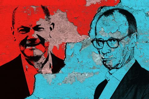 Die Konterfeis von Bundeskanzler Olaf Scholz (SPD, l.) und Unions-Kanzlerkandidat Friedrich Merz (CDU)