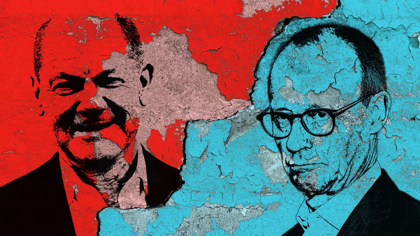 Die Konterfeis von Bundeskanzler Olaf Scholz (SPD, l.) und Unions-Kanzlerkandidat Friedrich Merz (CDU)
