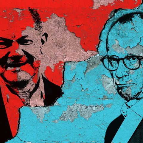 The counterfeis of Federal Chancellor Olaf Scholz (SPD, left) and Union Chancellor candidate Friedrich Merz (CDU)