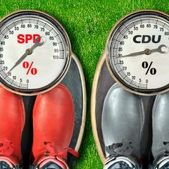 Symbolbild Große Koalition: zwei Waagen, die die Wahlprognosen für SPD und CDU anzeigen