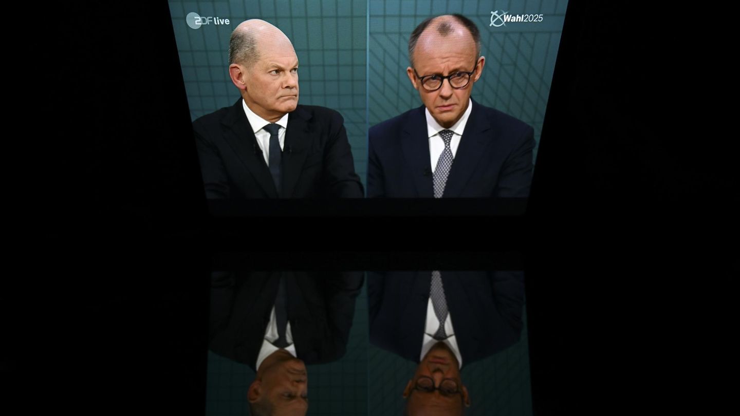 Scholz und Merz beim TV Duell am 9.2. Scholz und Merz beim TV Duell am 9.2.