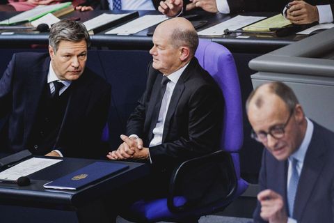 Robert Habeck, Olaf Scholz und Friedrich Merz im Bundestag