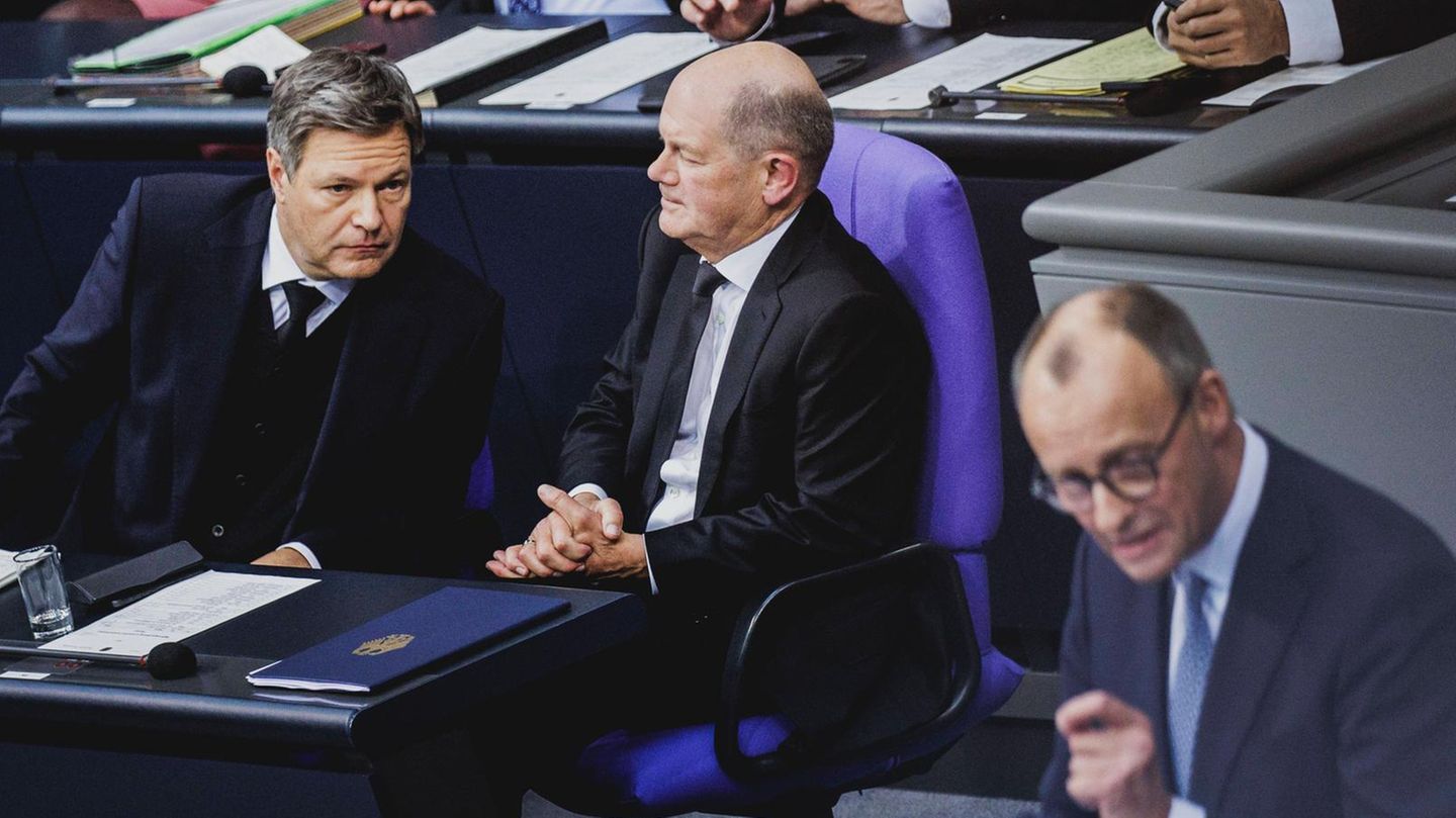 Robert Habeck, Olaf Scholz und Friedrich Merz im Bundestag