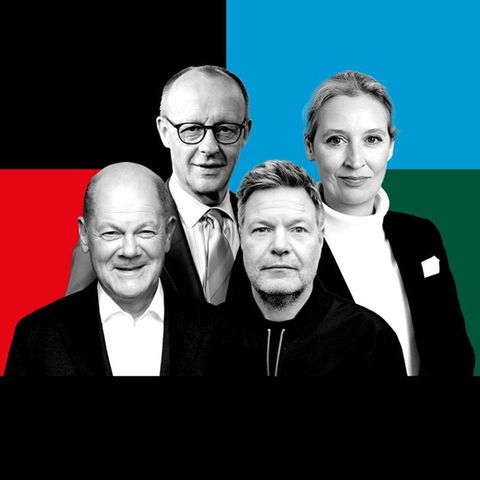 Montage zeigt Olaf Scholz, Friedrich Merz, Robert Habeck und Alice Weidel