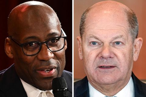 Links eine Nahaufnahme von CDU-Politiker Joe Chialo, rechts eine Nahaufnahme von SPD-Spitzenkandidat Olaf Scholz