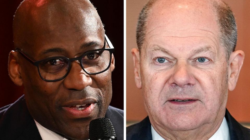 Links eine Nahaufnahme von CDU-Politiker Joe Chialo, rechts eine Nahaufnahme von SPD-Spitzenkandidat Olaf Scholz