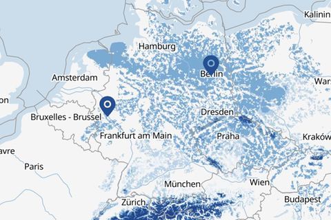 Diese Wetterkarte zeigt, wo heute mit Schnee gerechnet wird. Eine aktuelle Version mit größerem Ausschnitt finden Sie unten im Artikel