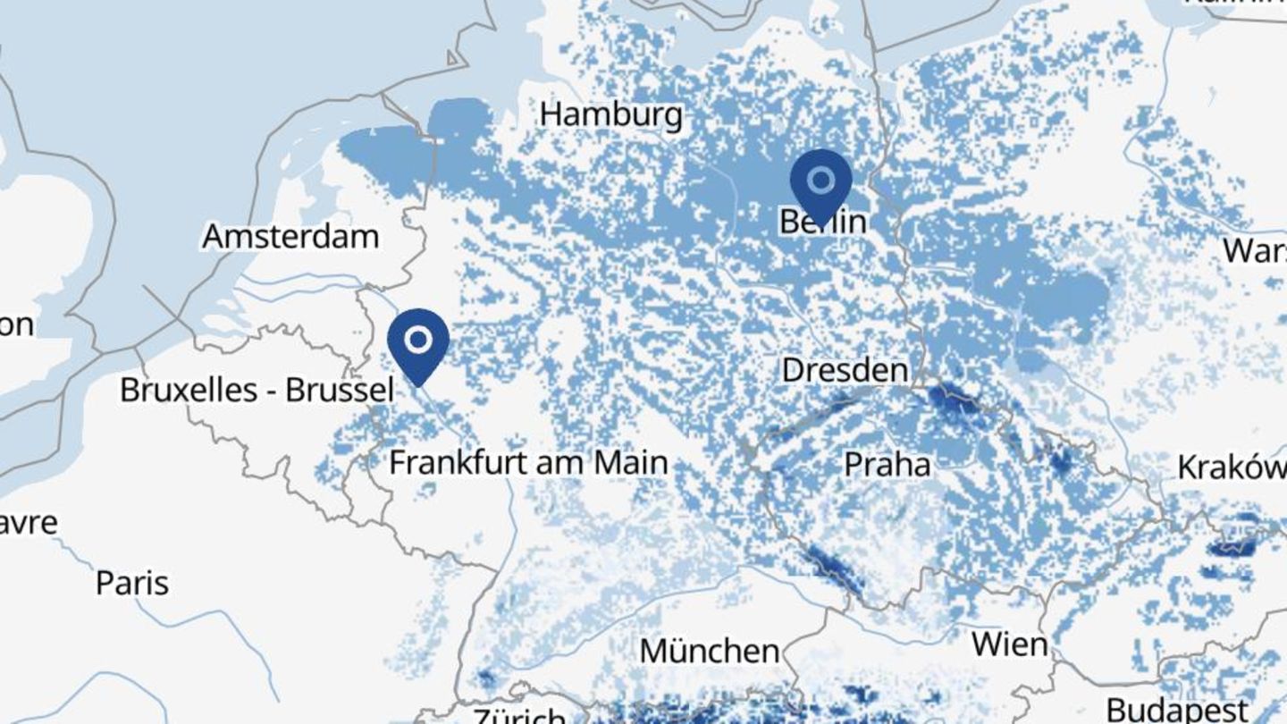 Diese Wetterkarte zeigt, wo heute mit Schnee gerechnet wird. Eine aktuelle Version mit größerem Ausschnitt finden Sie unten im Artikel