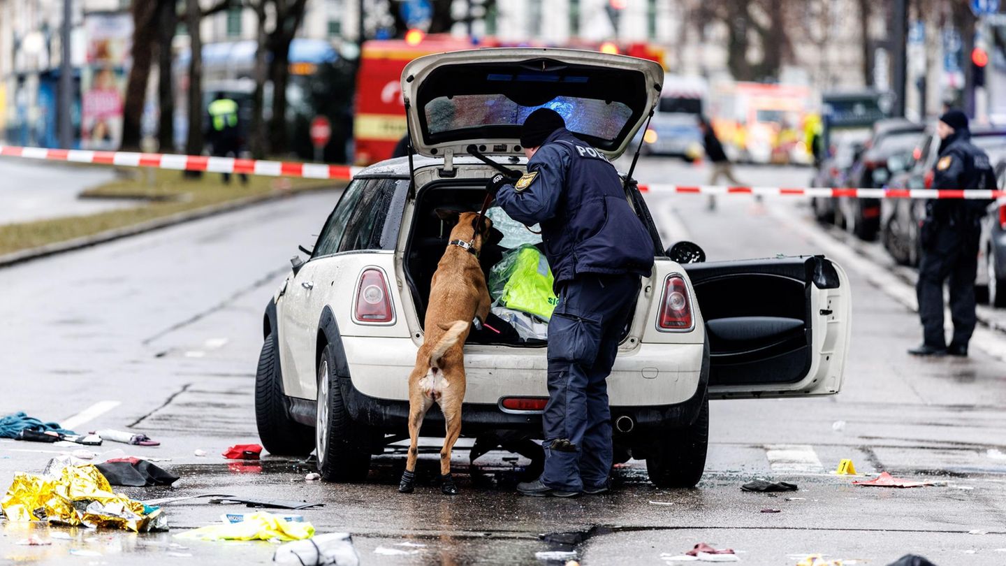 Die Polizei untersucht mit einem Spürhund ein Auto der Marke Mini unweit des Stiglmaierplatzes