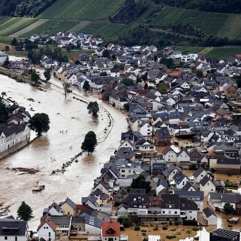 An flooded village in the Ahr Valley is during the flood through climate change in 2021