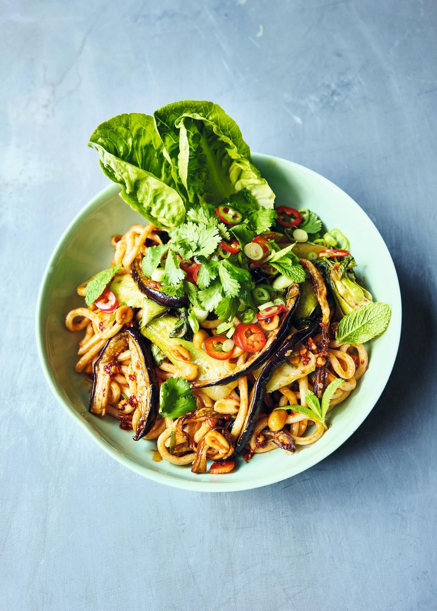 Udon-Nudeln mit gerösteten Auberginen     Für 1 Person  1 Aubergine (250g)   1 Knoblauchzehe   1 Pak Choi   1 EL geröstete ungesalzene Erdnusskerne   1 EL süße Chilisauce  150g Instant-Udon-Nudeln (aus dem Asia-Laden)  4 Frühlingszwiebeln   1⁄2 frische rote Chilischote   1⁄2 Romanasalatherz   2 Stängel Minze oder Koriandergrün  1 EL Crunchy Erdnuss & Sesam- Chiliöl (Knusper-Chiliöl mit Sesam & Erdnussstückchen)  1 EL Balsamico-Essig     Vorbereitung 7 Minuten   Garzeit 20 Minuten   1 Schublade   Die Auberginen der Länge nach in 1cm dicke Scheiben und dann in lange 1 cm breite Streifen schneiden. Den Gitterboden aus der Airfryer-Schublade entfernen, die Auberginenstreifen hineingeben und 15 Minuten bei 200°C garen. Nach der Hälfte der Zeit durchrühren.Den Knoblauch schälen und in feine Scheiben schneiden.Den Pak Choi längs vierteln. Wenn die 15 Minuten vorüber sind, die Schublade herausziehen, den Knoblauch und die Erdnüsse über die Auberginen streuen, die süße Chilisauce über das Gemüse träufeln und durch Rütteln der Schublade gleichmäßig verteilen. Seitlich den Pak Choi einlegen und weitere 5 Minuten bei 200 °C garen, bis die Aubergine weich und sämig ist.In einer Schüssel die Udon-Nudeln mit kochendem Wasser bedecken und quellen lassen. Die Frühlingszwiebeln putzen und in feine Scheiben schneiden, die halbe Chili in Ringe schneiden. Die Salatblätter trennen, die Kräuter abzupfen.Die Nudeln abgießen und mit dem größten Teil der Frühlingszwiebeln und der Chili sowie dem Chiliöl und dem Essig zu dem Gemüse in die Schublade geben. Alles gut vermengen, sorgfältig abschmecken und auf einem Teller anrichten. Die Salatblätter daneben platzieren, alles mit den restlichen Chilis, Frühlingszwiebeln und mit den Kräutern garnieren und servieren.