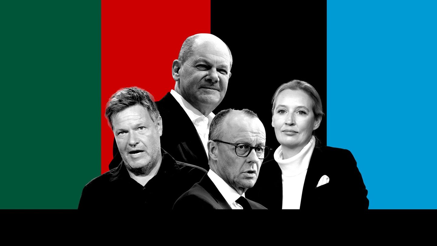 TV-Quadrell: Montage zeigt Robert Habeck, Olaf Scholz, Friedrich Merz und Alice Weidel