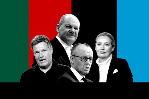 TV-Quadrell: Montage zeigt Robert Habeck, Olaf Scholz, Friedrich Merz und Alice Weidel