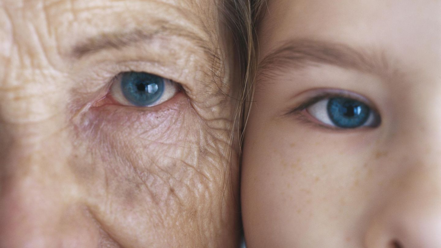 Körper-Fakten: ältere Frau und Kind mit blauen Augen, Gesicht an Gesicht Körper-Fakten: ältere Frau und Kind mit blauen Augen, Gesicht an Gesicht