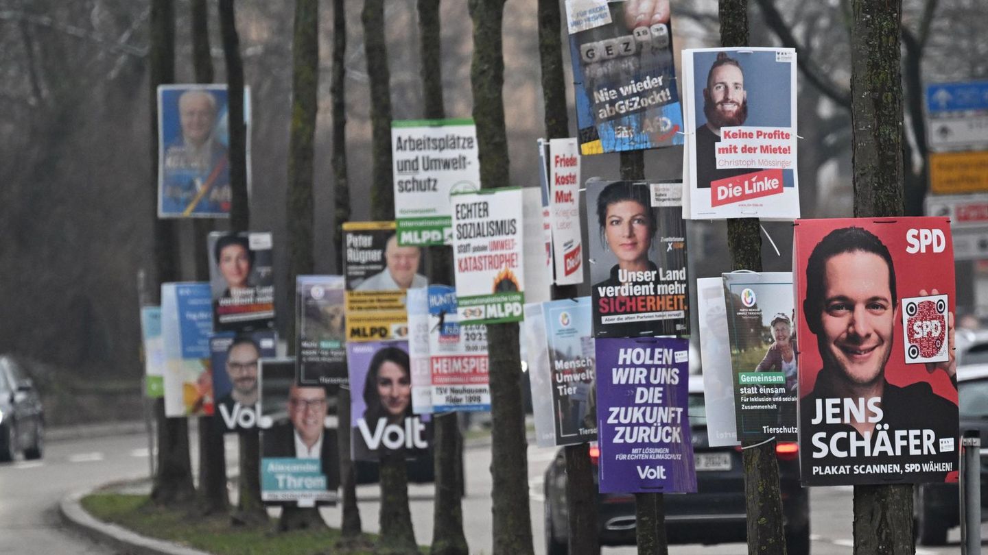 Viele Wahlplakate zur Bundestagswahl an Bäumen an einer Straße