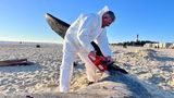 Ein Mann zerlegt mit einer Kettensäge den toten Pottwal auf Sylt