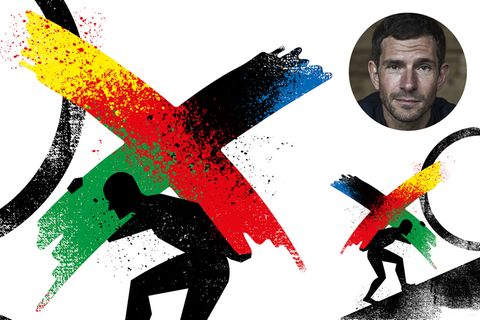 Illustration unentschlossen vor der Bundestagswahl: eine Mann trägt ein schweres Kreuz, das aus den Farben der Parteien besteht