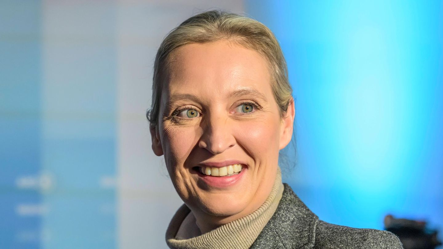 Alice Weidel, Spitzenkandidatin der AfD, lächelt in einem Fernsehstudio