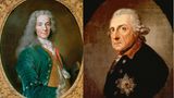 Erst waren sie nur Brieffreunde, dann kam der französische Philosoph Voltaire (links) mit rumpelnder Kutsche an den Hof des Preußenkönigs Friedrich II. Und wie es so ist, wenn man mit dem Brieffreund zusammenzieht: Es ging nicht gut. Voltaire begriff, dass ein König niemals handeln kann wie ein Philosoph, weil er eben ab und zu einfach mal jemanden in Ketten legen muss – Königsnatur. Und der Alte Fritz hatte irgendwann die Nase voll davon, dass dieser eitle Schöngeist sich dauernd über sein bezauberndes Querflötenspiel lustig machte. Warum hielt der Schnösel sich ständig für etwas Besseres? Hatte er ihn nicht sogar bei fragwürdigen Finanzspekulationen erwischt? Der König demütigte seinen Schloßphilosophen so lange, bis Voltaire mit wehenden Rockschößen das Weite suchte