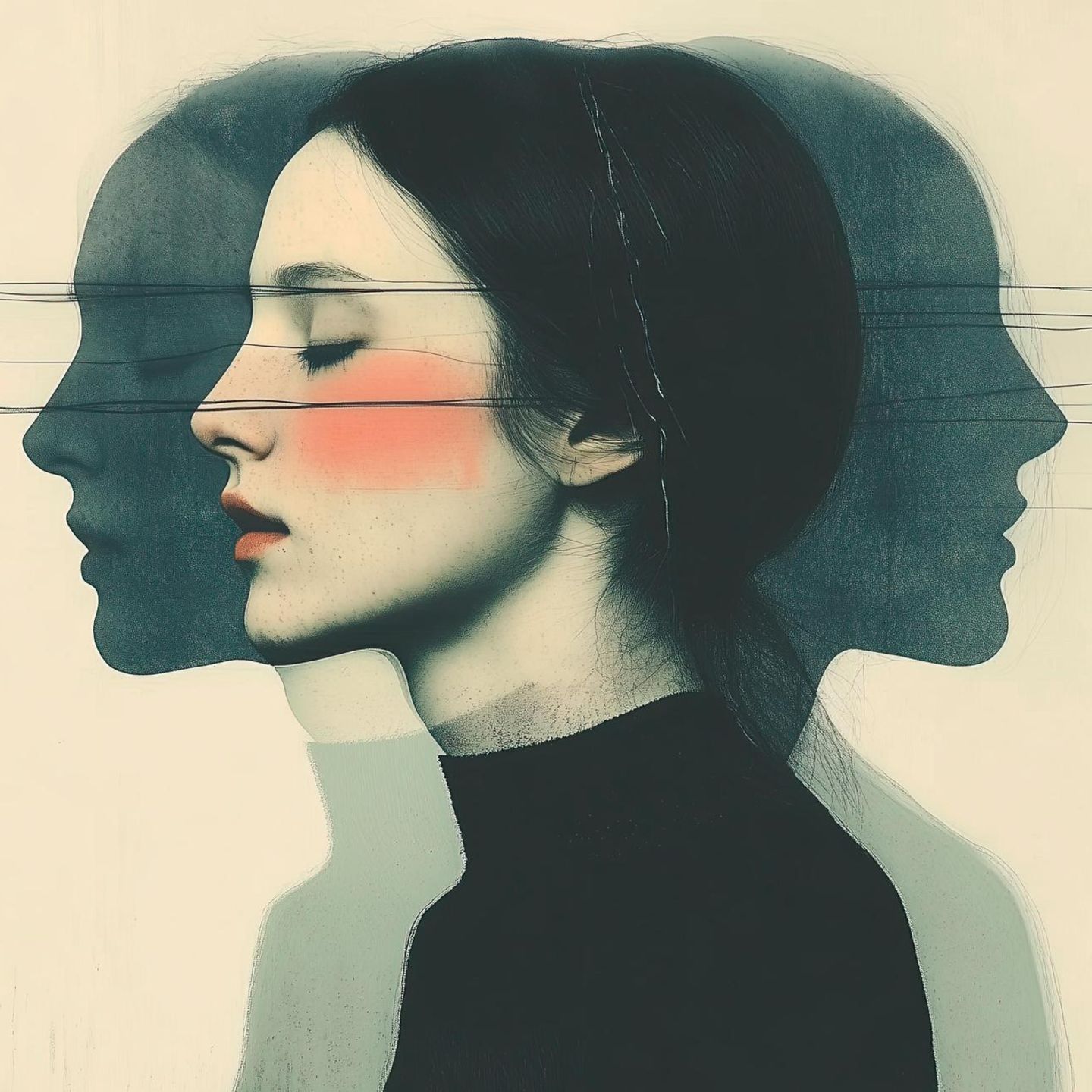 KI Bild Thema Borderline: Frau mit zwei Schatten, die Gesichter sind