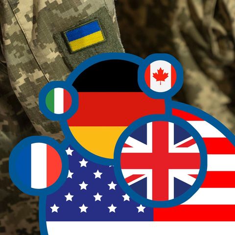 Die größten Geldgeber der Ukraine, dargestellt als grafische Kugeln mit Länderflaggen